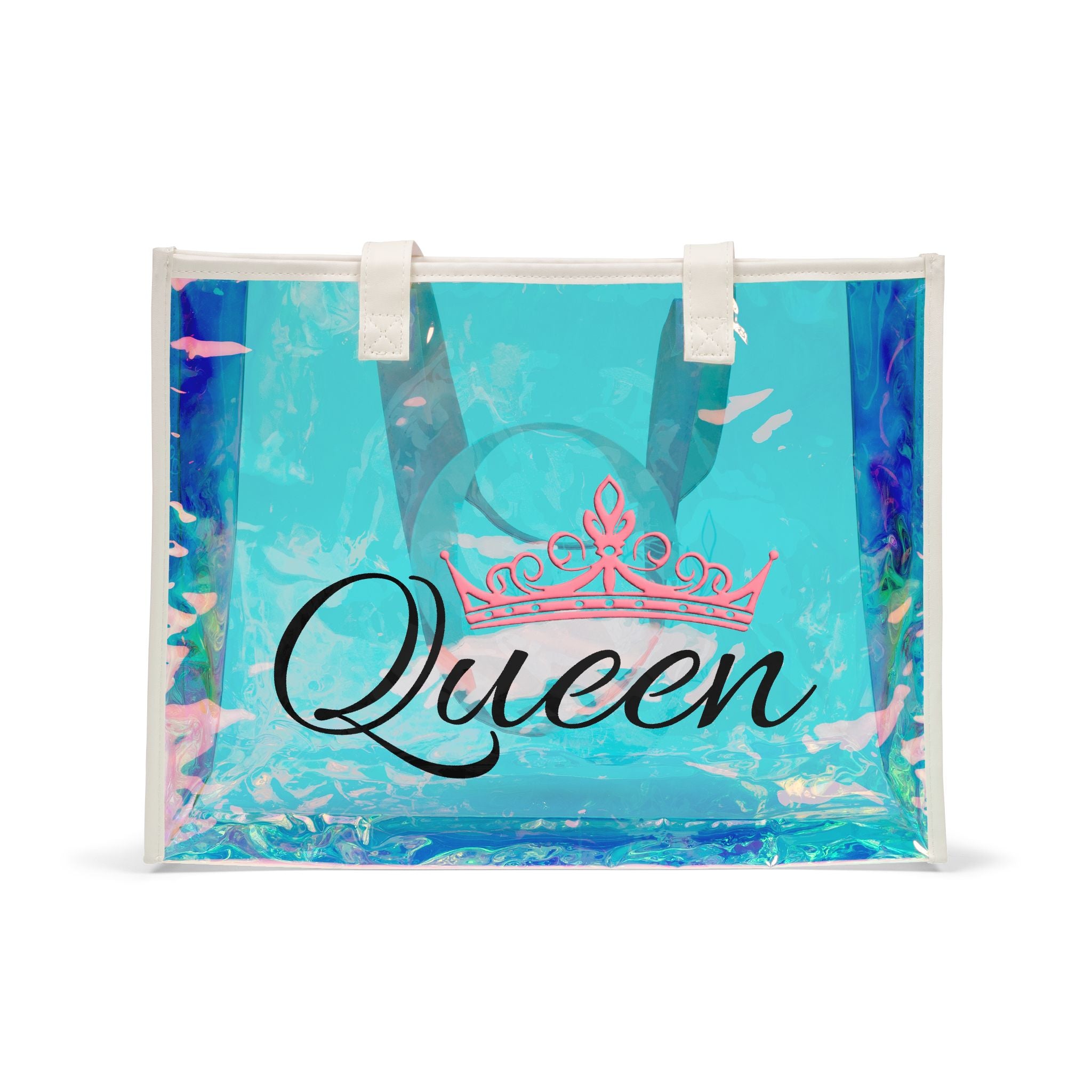 Holographic Beach Tote Bag — 'Queen' Monogram Clear Seashore Carryall