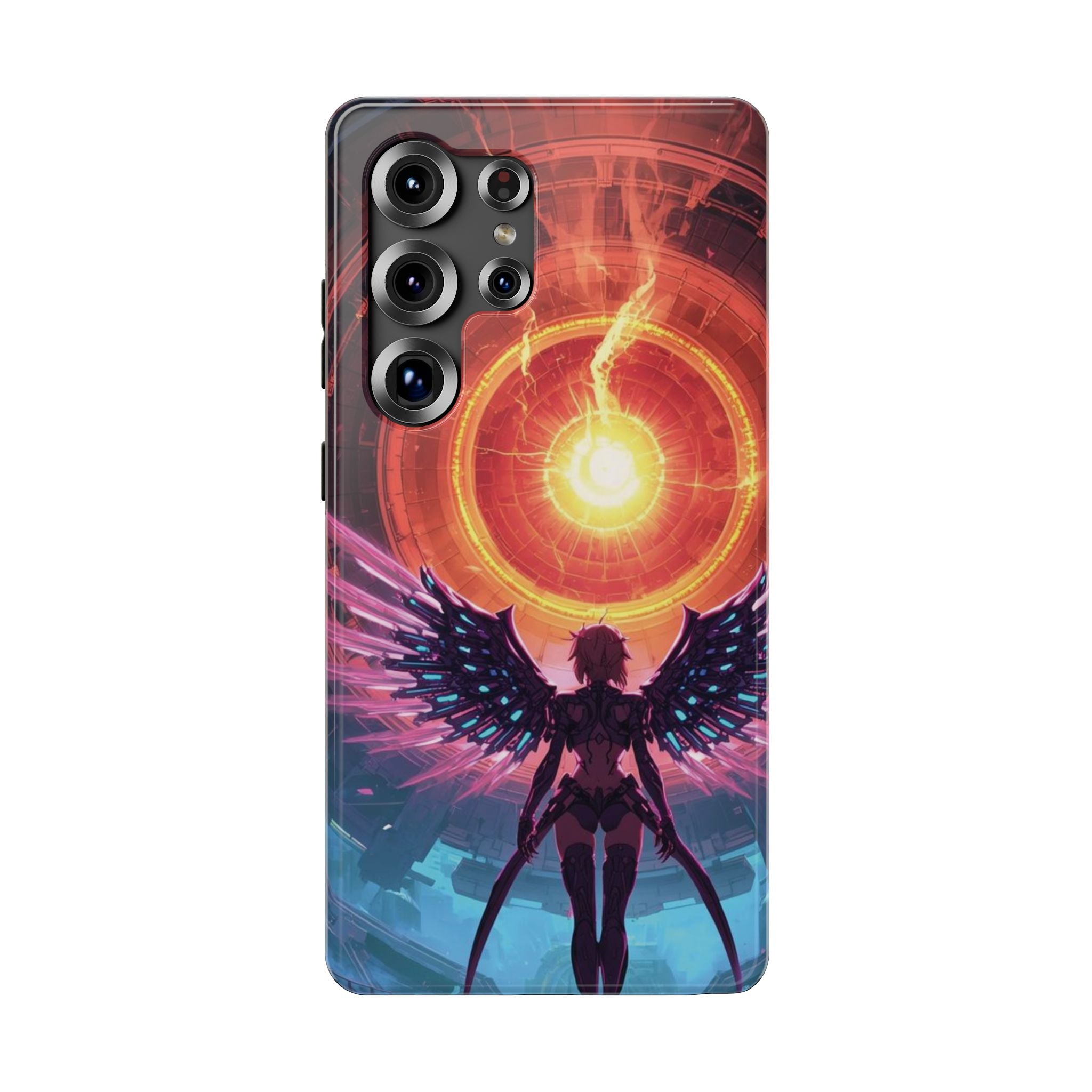 Vi-Anime Phone Case — Angelic Warrior with Fiery Halo Impact-Resistant Design