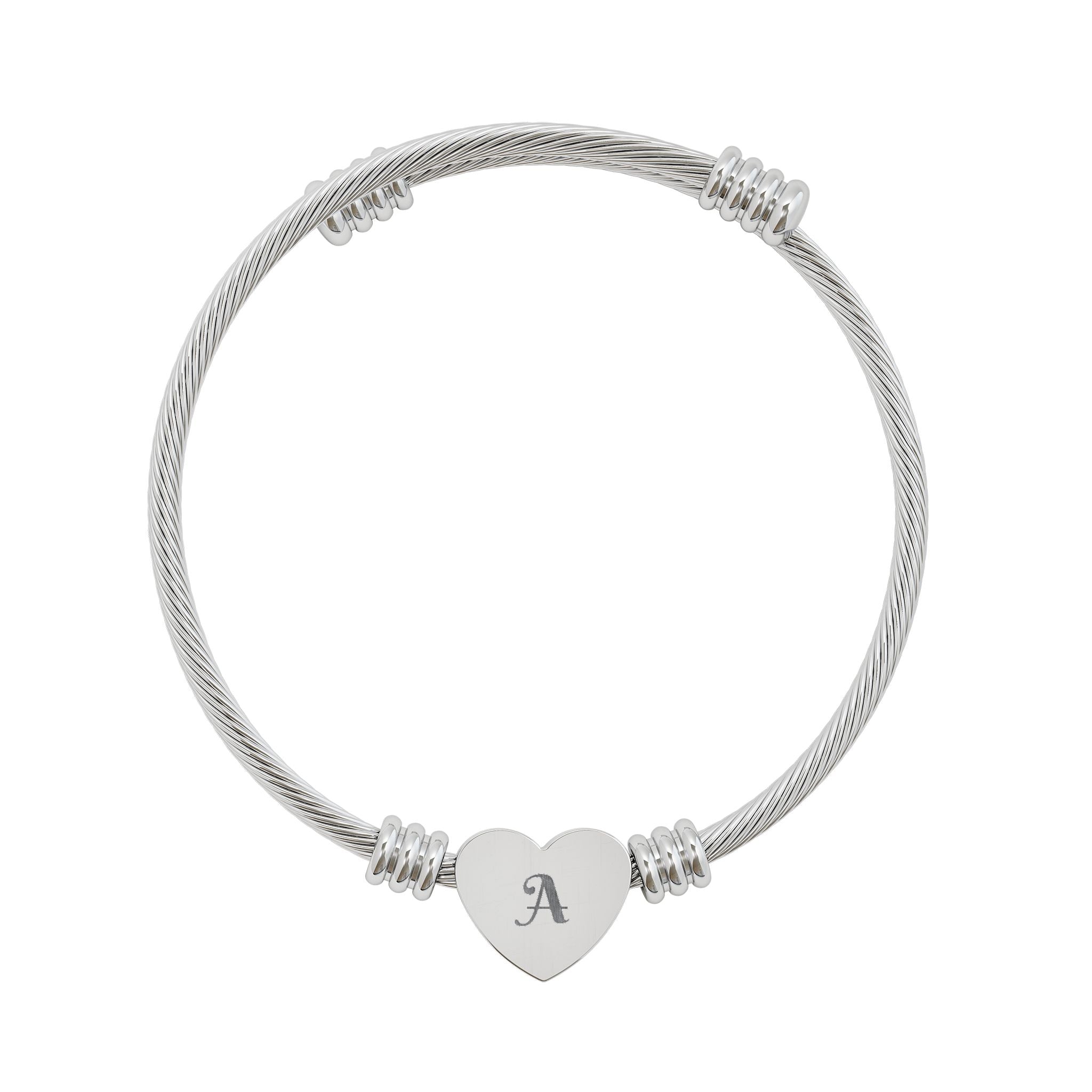 Engravable Heart Cuff Bracelet — Personalized Initial Silver Cable Bracelet