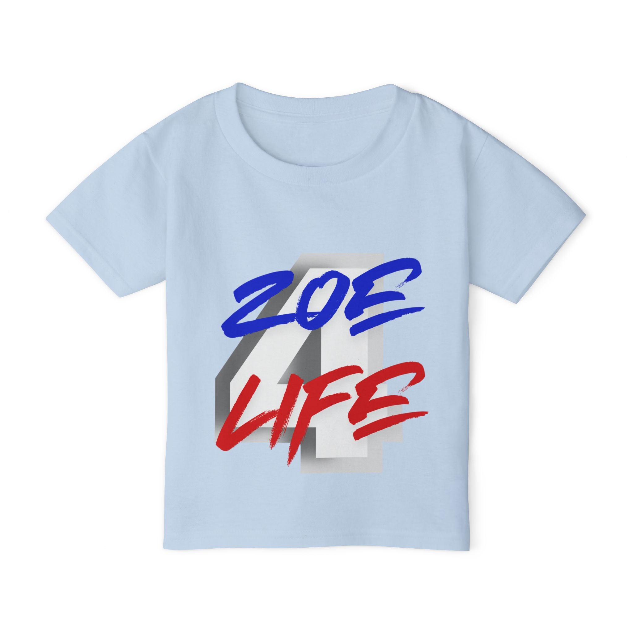 Little Vi T‑Shirt — “Zoe 4 Life” Red & Blue Number 4 Graphic