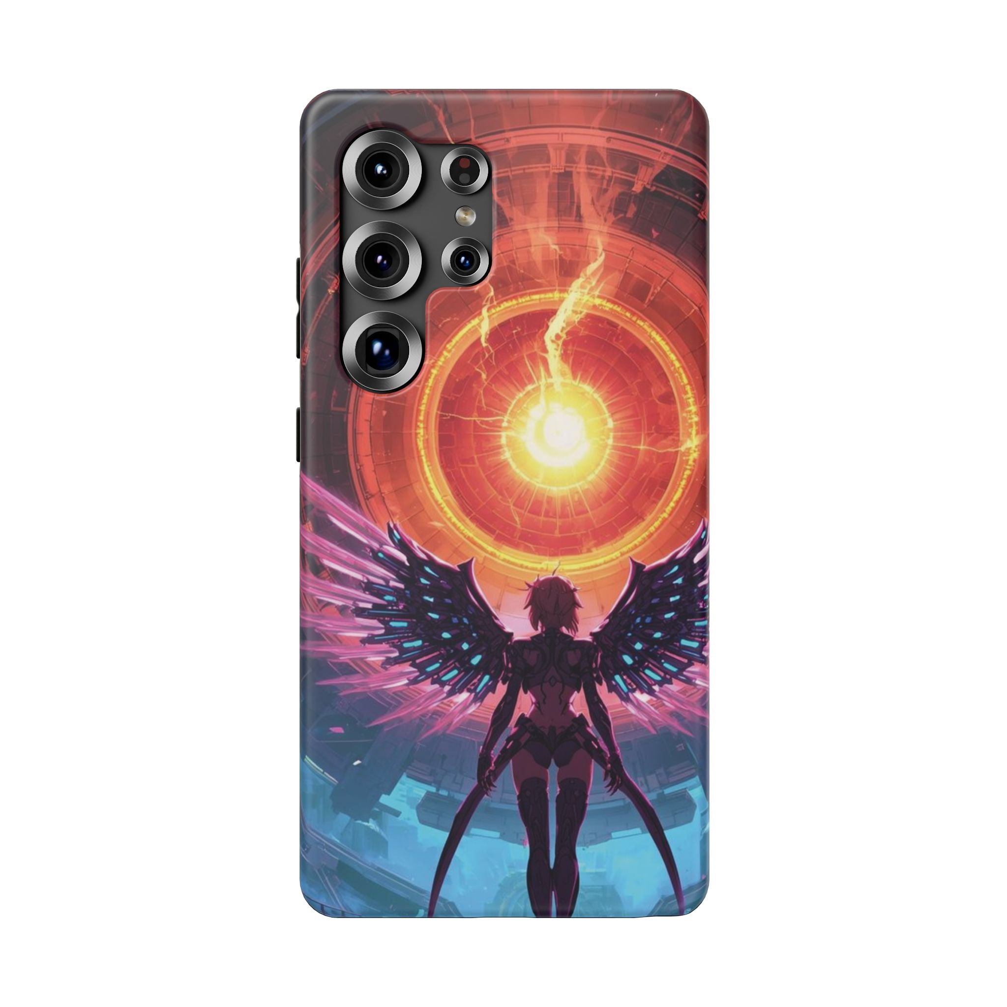Vi-Anime Phone Case — Angelic Warrior with Fiery Halo Impact-Resistant Design