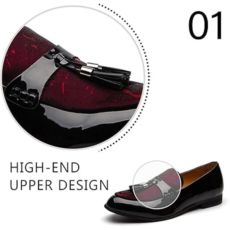 Jitai Mens 7 Black Red Shiny Faux Patent Leather Slide On Tassel Loafer Shoes