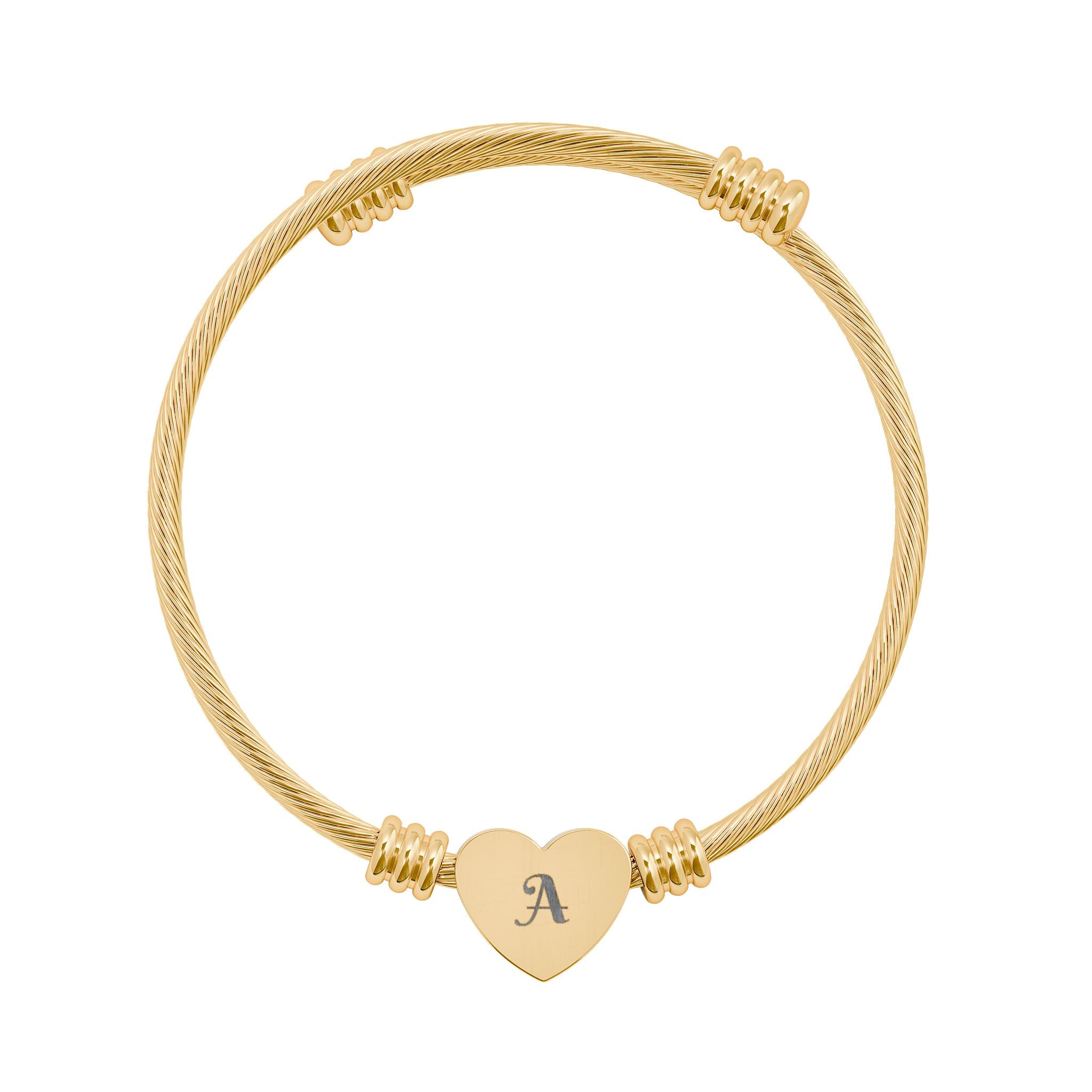 Engravable Heart Cuff Bracelet — Personalized Initial Silver Cable Bracelet