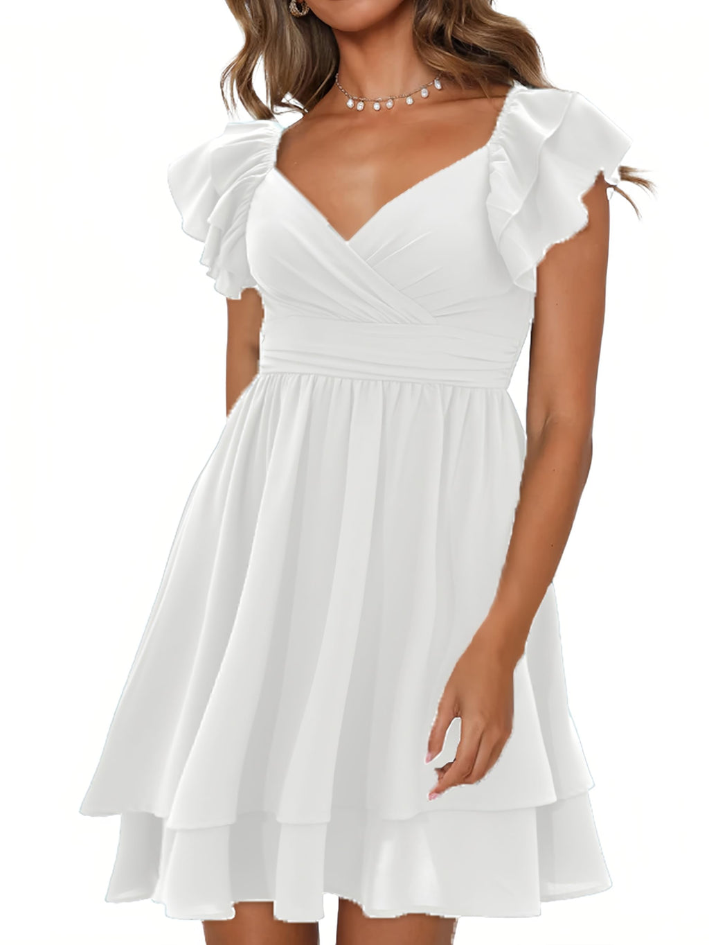 CICIDUDU Women's Summer Wrap V Neck Ruffle Mini Dress White Size L