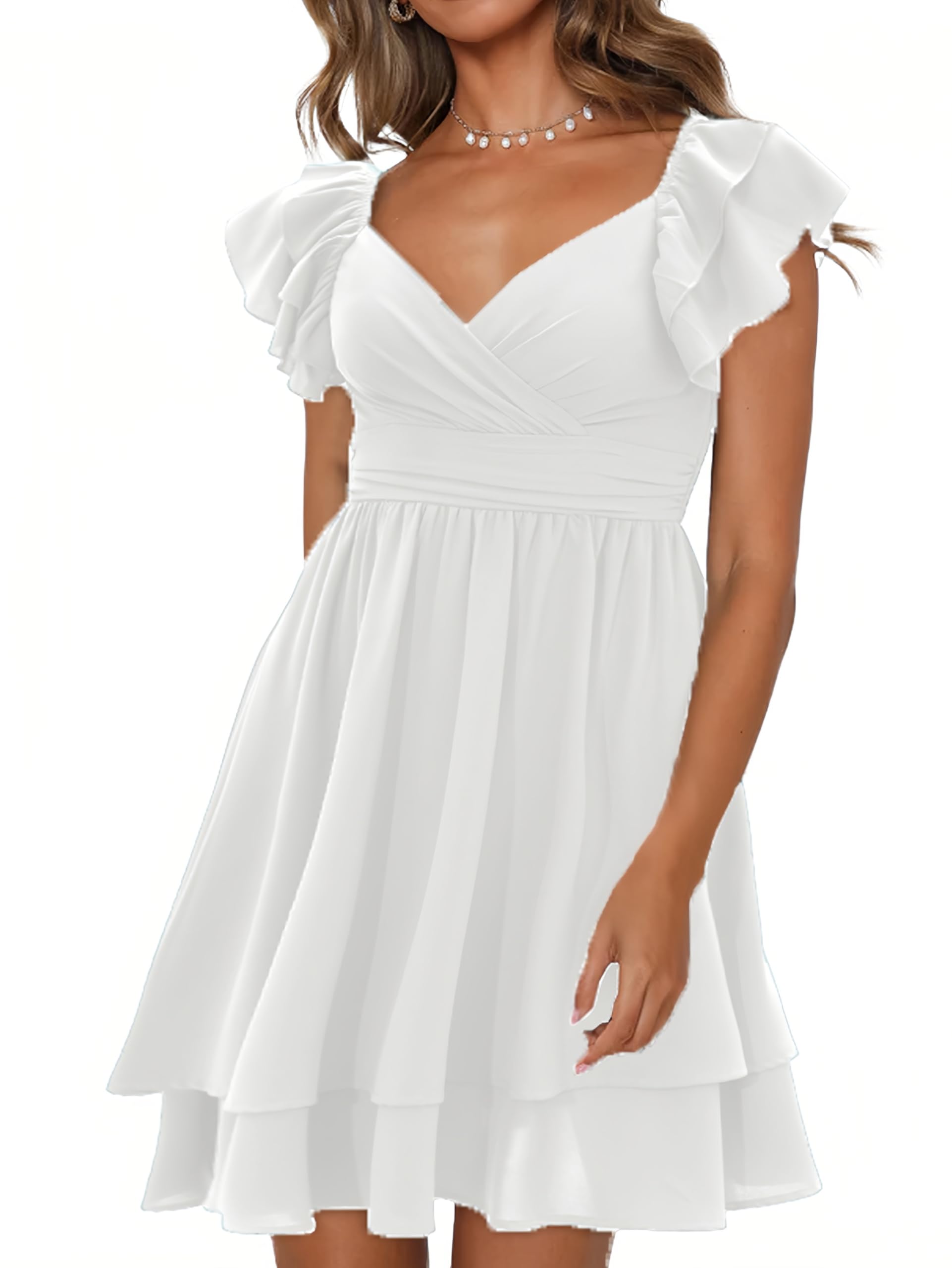 CICIDUDU Women's Summer Wrap V Neck Ruffle Mini Dress White Size L