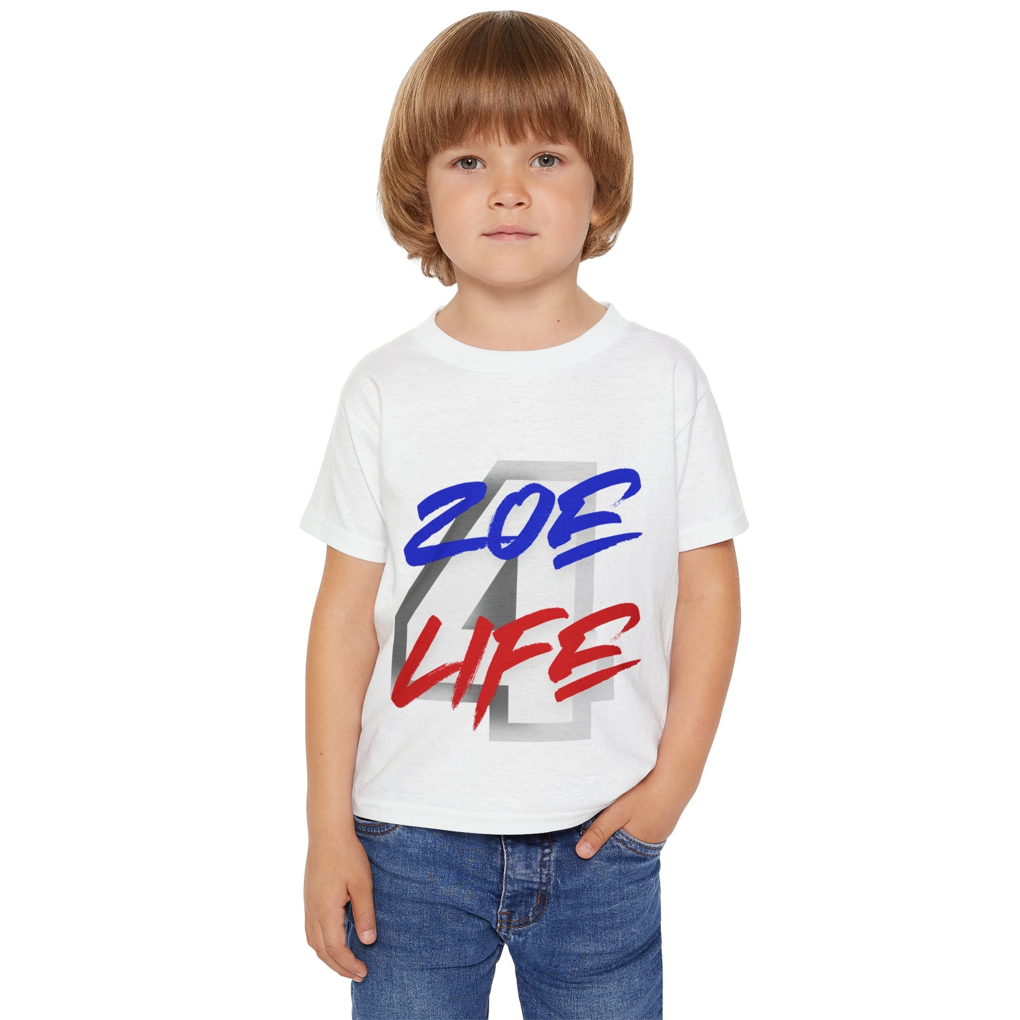 Little Vi T‑Shirt — “Zoe 4 Life” Red & Blue Number 4 Graphic
