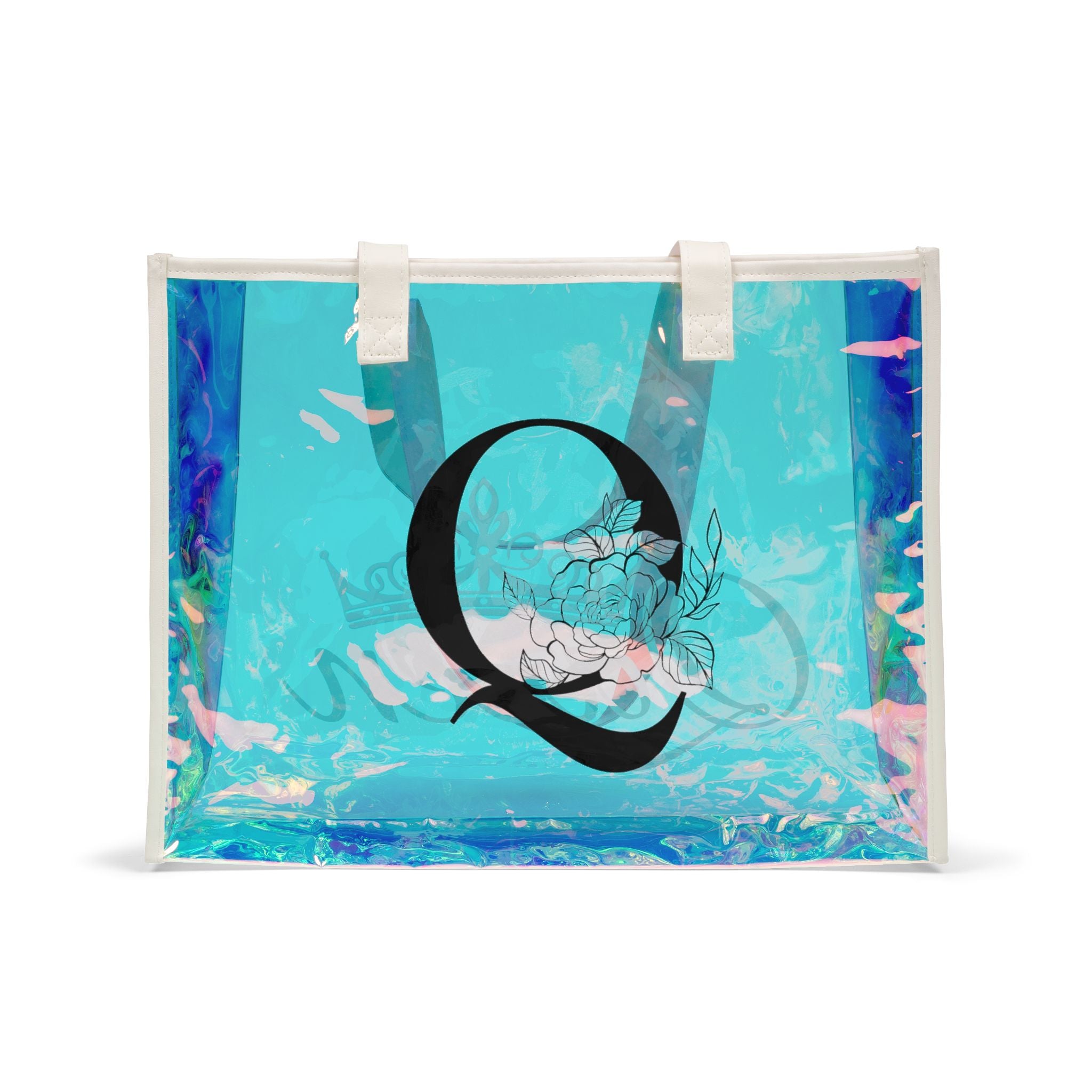 Holographic Beach Tote Bag — 'Queen' Monogram Clear Seashore Carryall