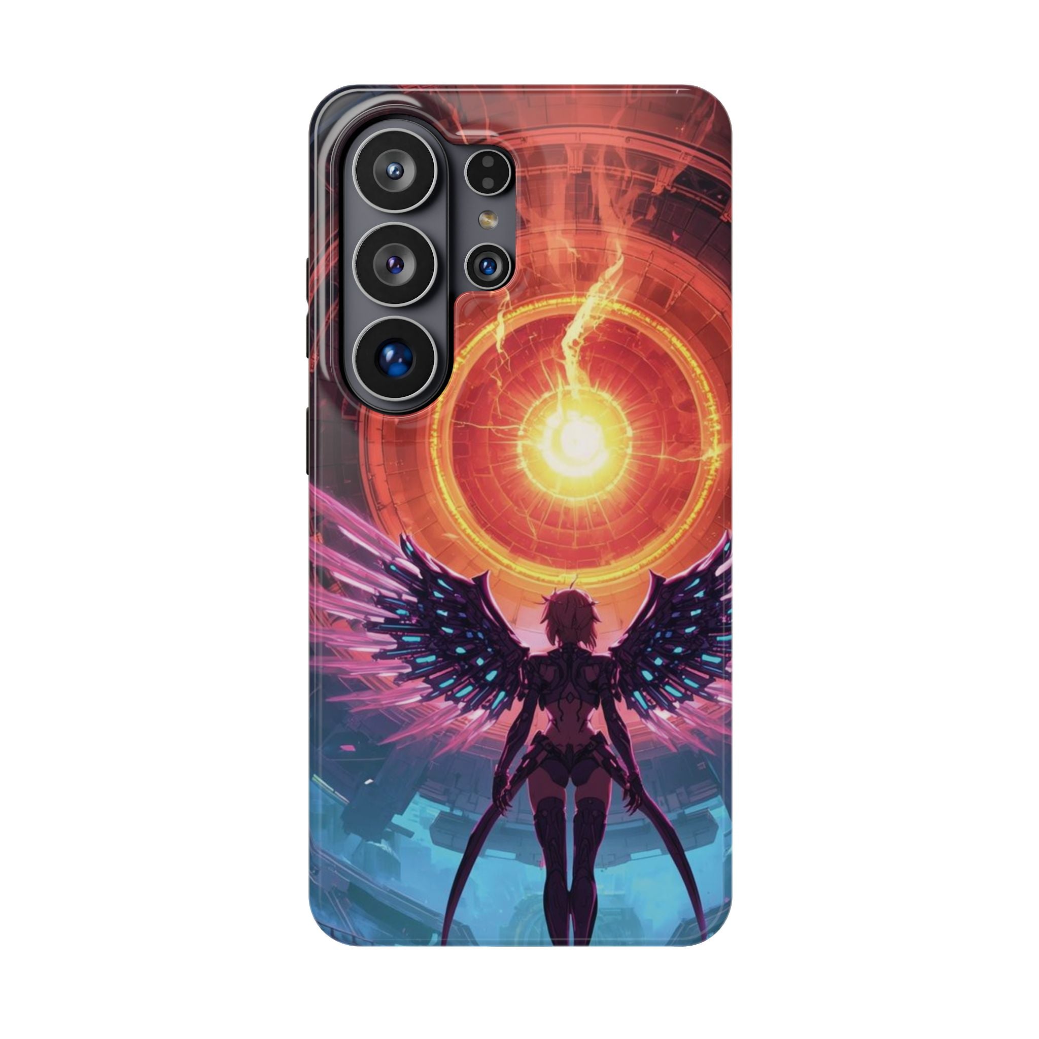 Vi-Anime Phone Case — Angelic Warrior with Fiery Halo Impact-Resistant Design