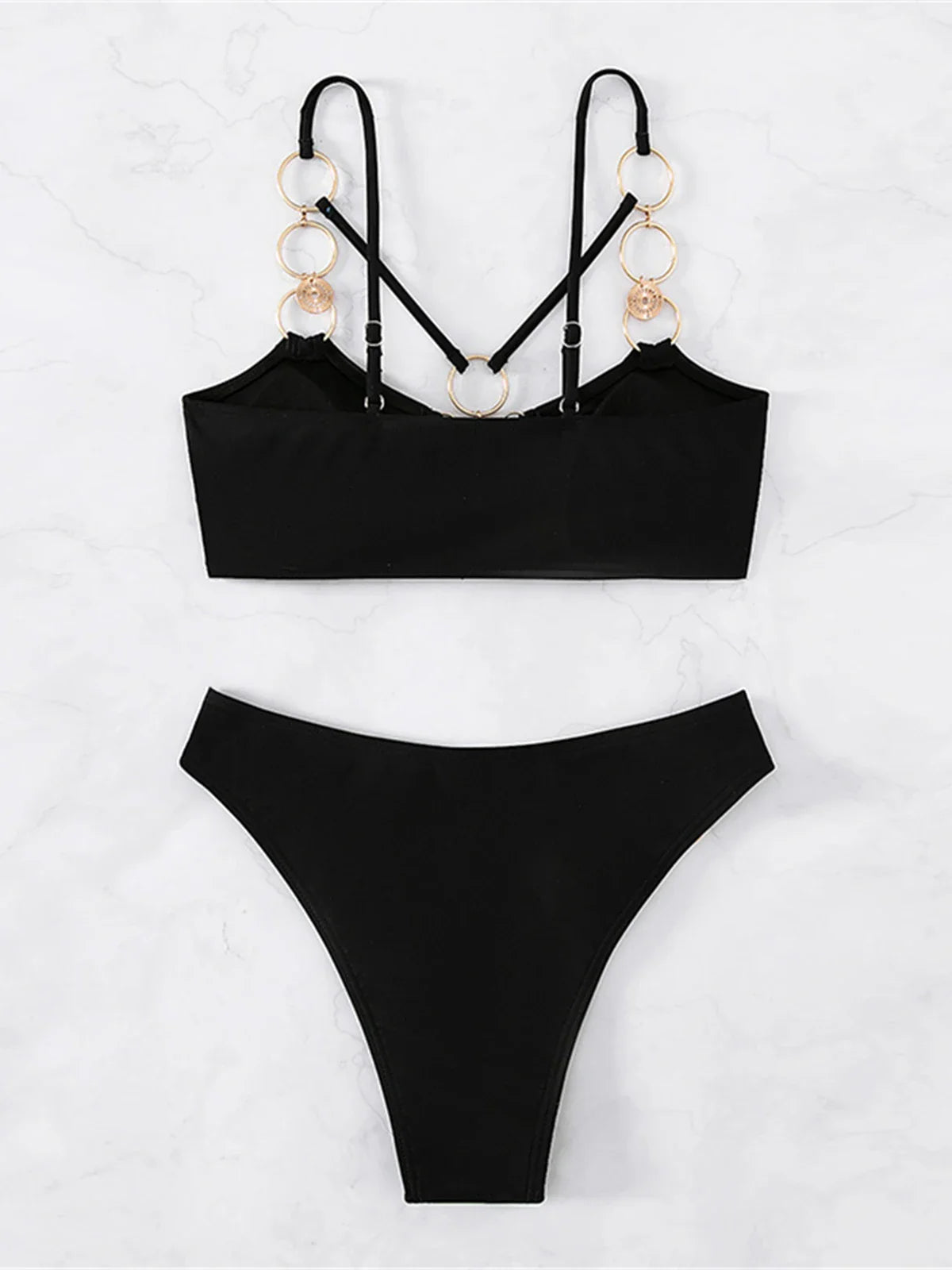 👙 Sexy Metal Ring Mid-Waist Bikini Set – Women's Two-Piece Padded Swimsuit | Trendy Bathing Suit for Beach &amp; Pool