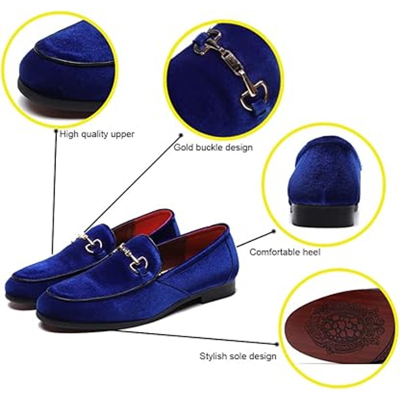 LCQL Mens Size 13 Blue Velvet Gold Buckle Slip On Low Heel Regal Loafer Shoes