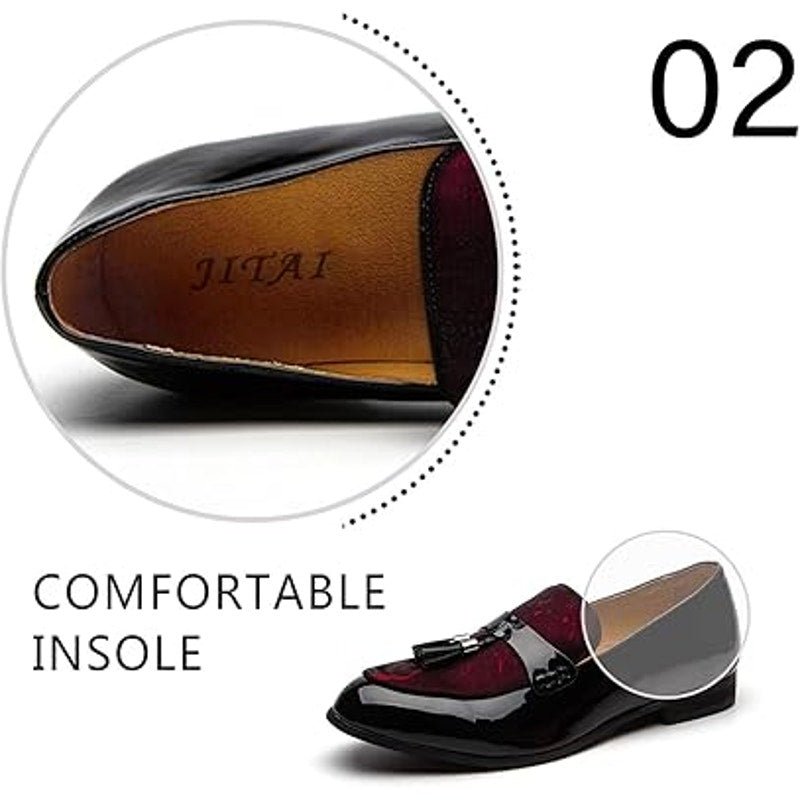 Jitai Mens 7 Black Red Shiny Faux Patent Leather Slide On Tassel Loafer Shoes